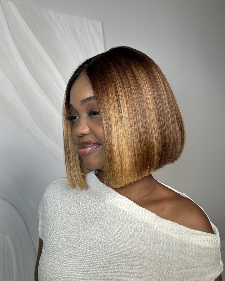 Ombre Brown With Honey Blonde Highlights Adjustable Cap Virgin Hair Bob HD Lace Wig