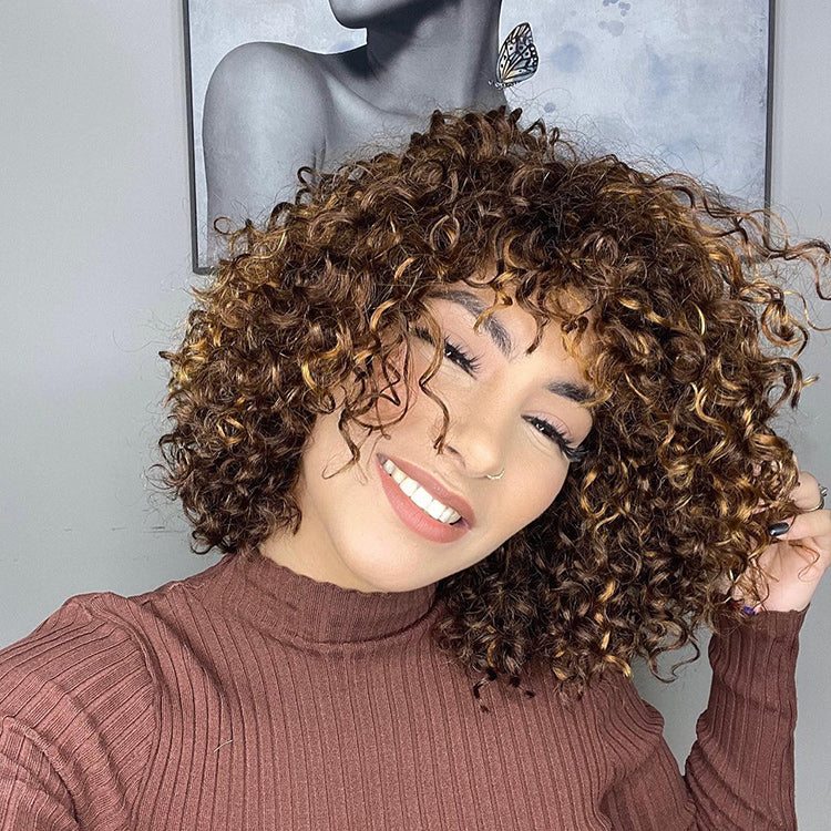 Messy Curly Brown Highlight Wig With Bangs