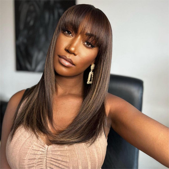 Layered Cut Brown With Honey Blonde Highlights 4x4 Lace Closure Wig