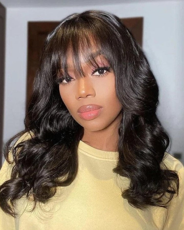 5x5 Lace Closure Body Wave Wig With Wispy Bangs