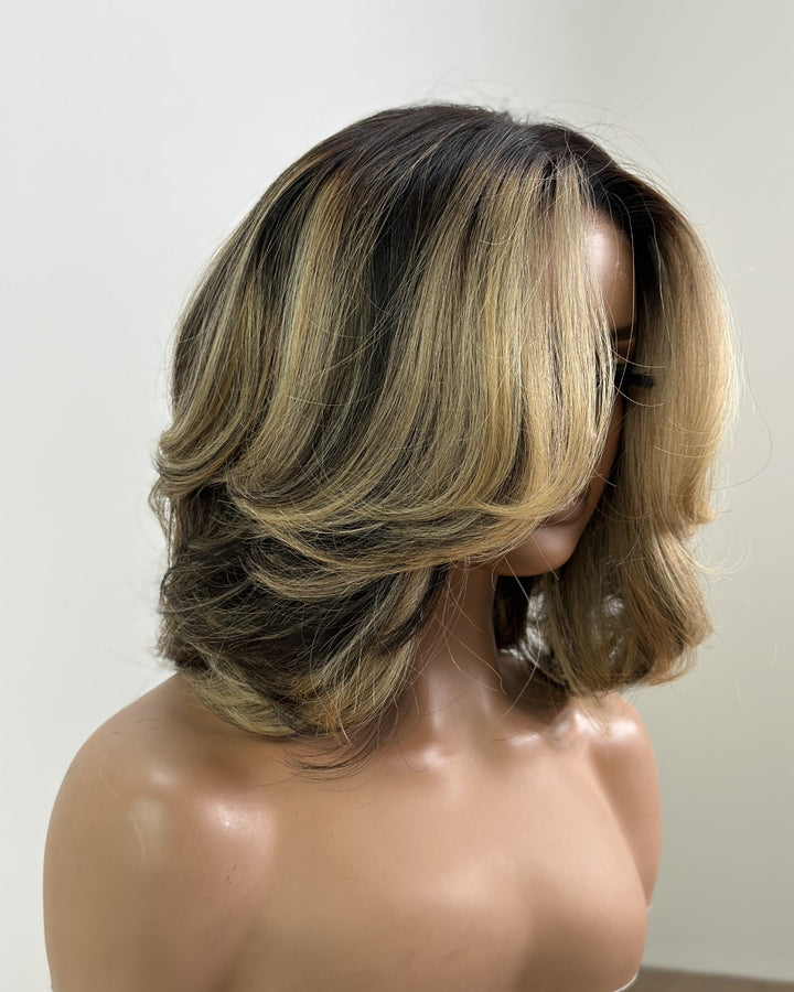 Honey Blonde Highlights Layered Bangs Lace Wig