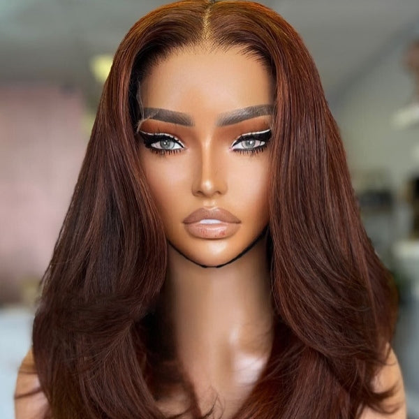 Middle Part Layered Soft Wavy Auburn Brown Lace Front Wig