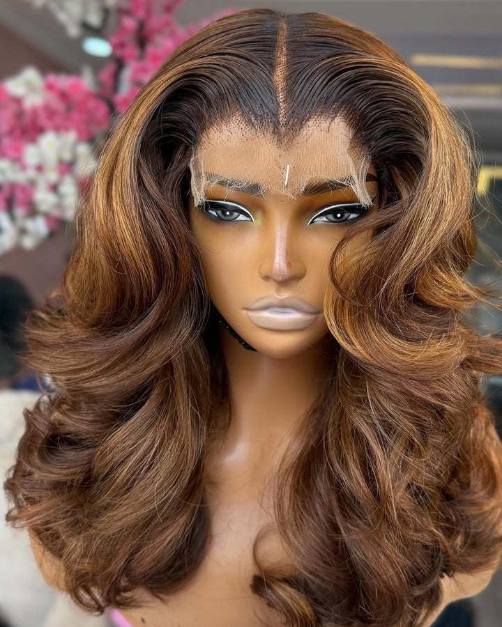 Chestnut Brown And highlights Layer Wavy 5x5 Lace Closure Wig