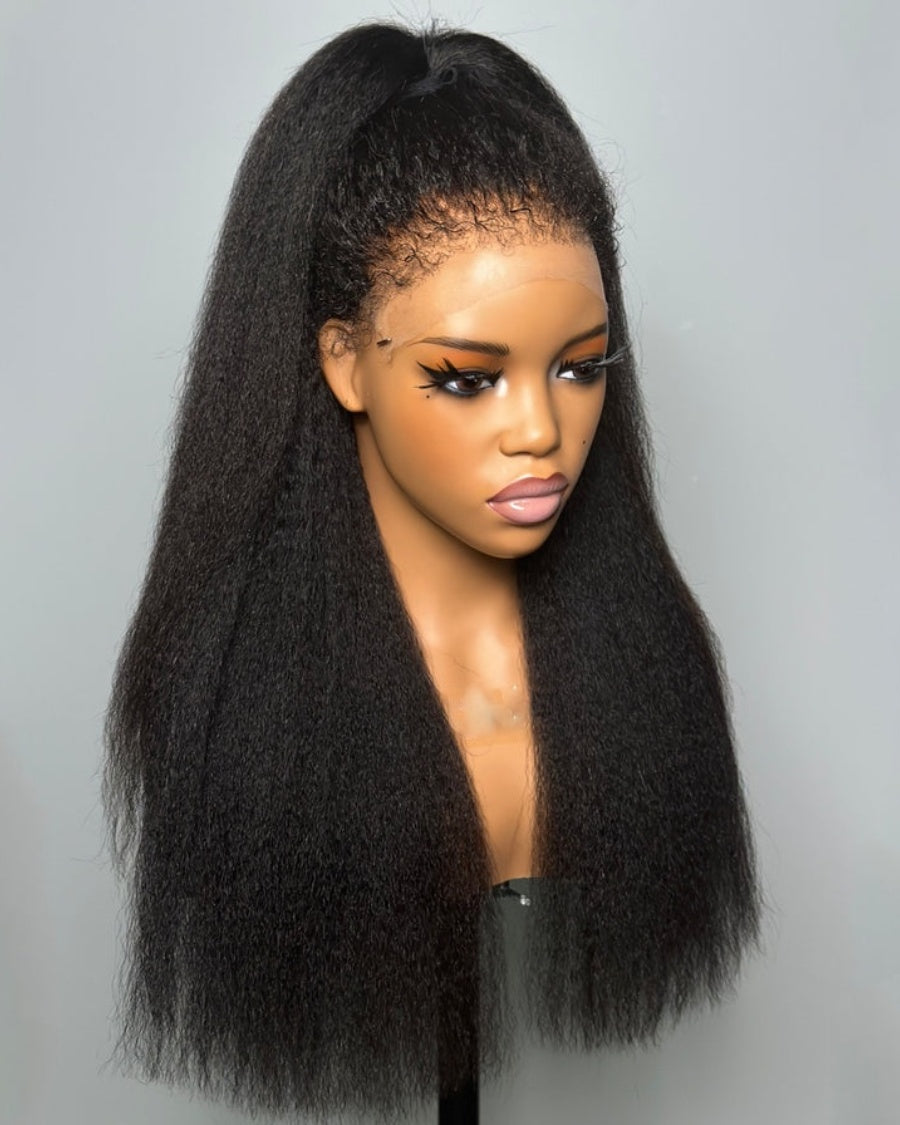 Glueless Hybrid Hairline With Kinky Straight 9x4 HD Lace Front Ventilated Wig