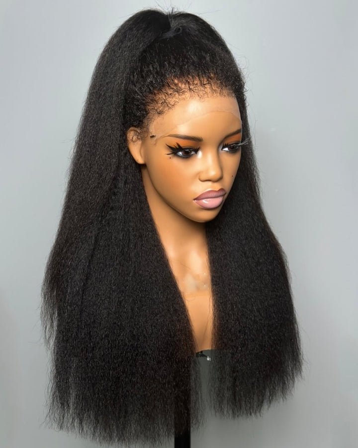 Glueless Hybrid Hairline With Kinky Straight 9x4 HD Lace Front Ventilated Wig