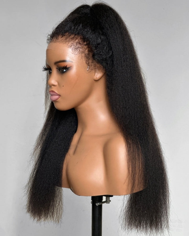 Glueless Hybrid Hairline With Kinky Straight 9x4 HD Lace Front Ventilated Wig