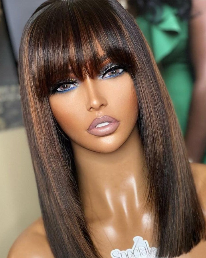 Put On and Go Layered Cut Brown Highlight With Bangs Wig