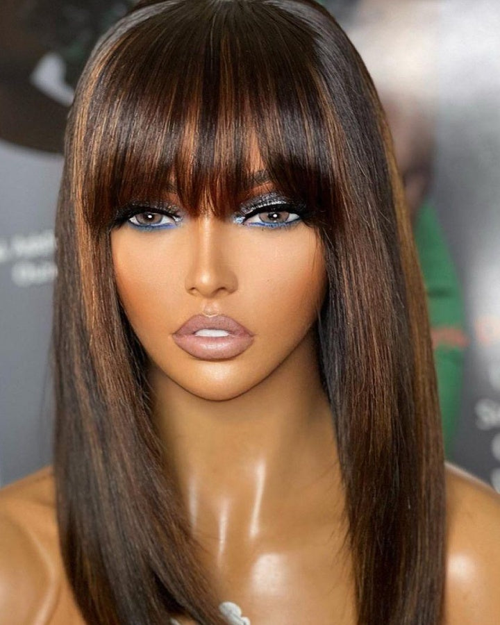 Put On and Go Layered Cut Brown Highlight With Bangs Wig
