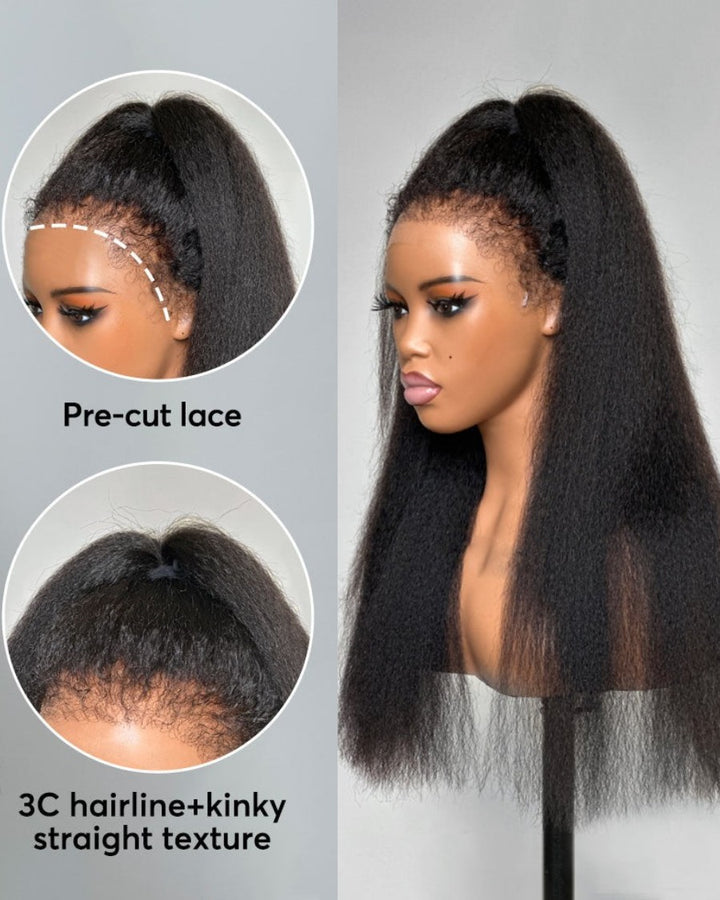 Glueless Hybrid Hairline With Kinky Straight 9x4 HD Lace Front Ventilated Wig