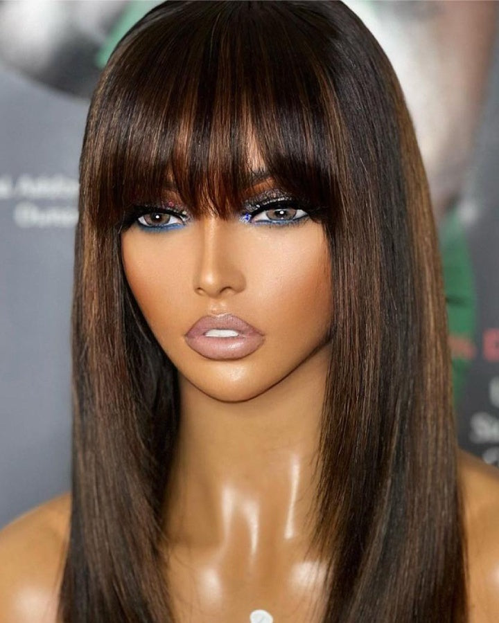 Put On and Go Layered Cut Brown Highlight With Bangs Wig