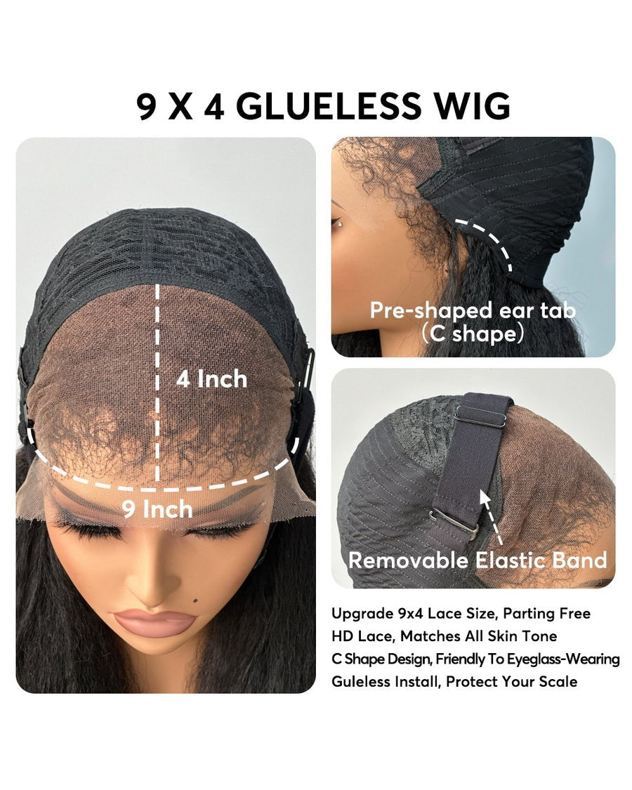 Glueless Hybrid Hairline With Kinky Straight 9x4 HD Lace Front Ventilated Wig