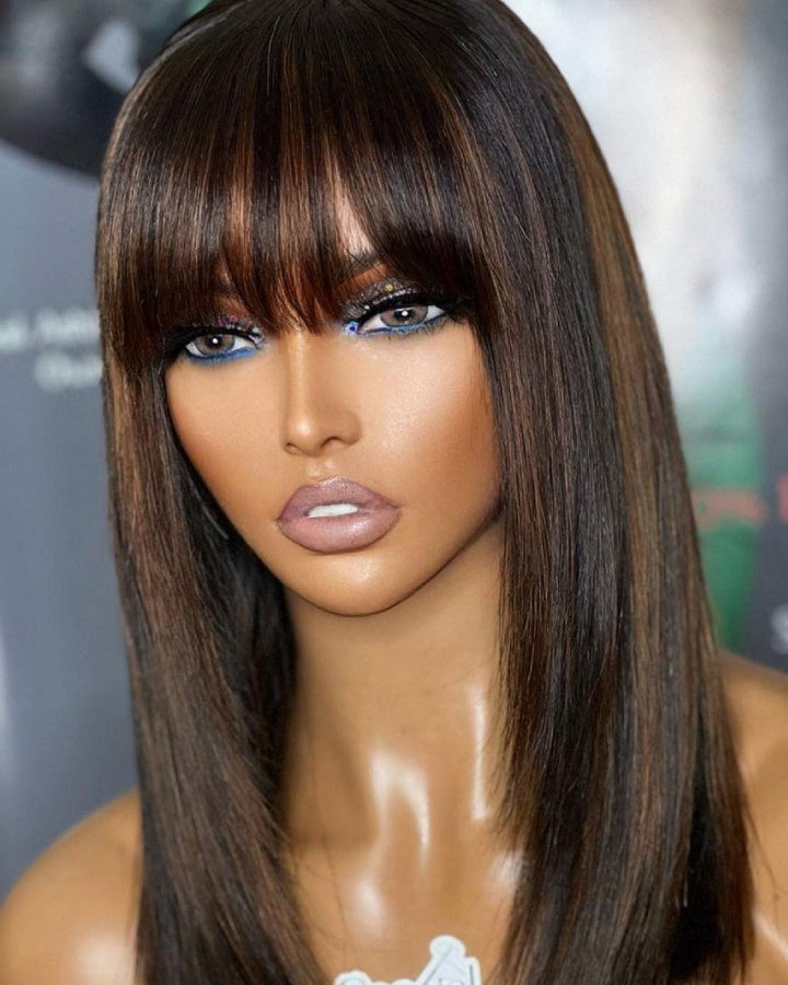 Put On and Go Layered Cut Brown Highlight With Bangs Wig