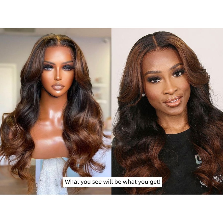 5x5 Lace Closure Curtain Bangs With Rich Honey Brown Ombre Wigs
