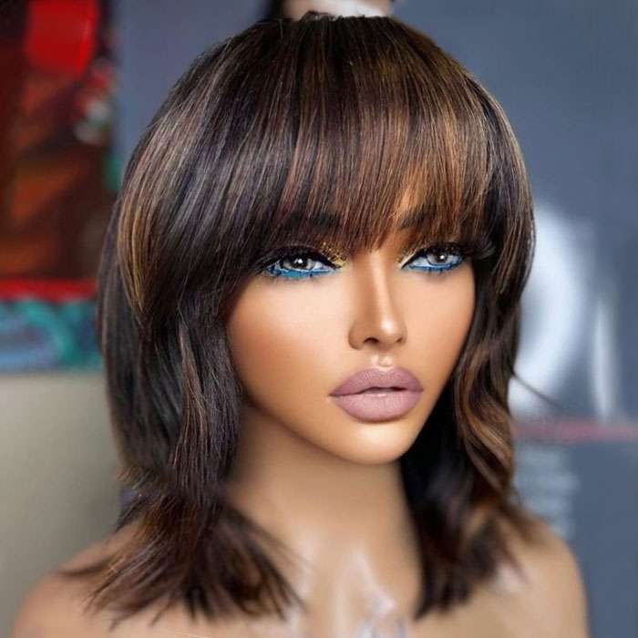 Straight Highlight Brown Bob Wig With Bangs