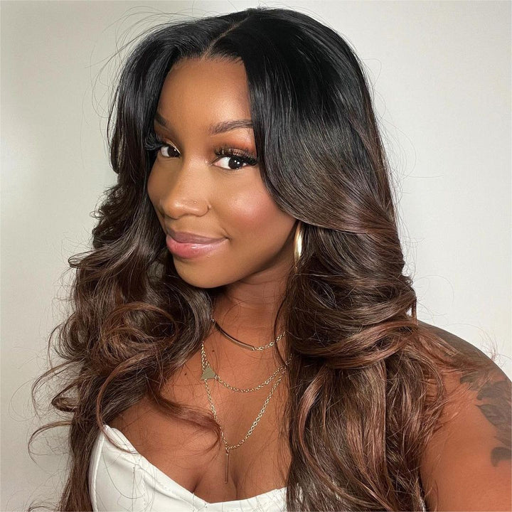 Black Roots Ombre Brown Layered Wavy Lace Front Wig