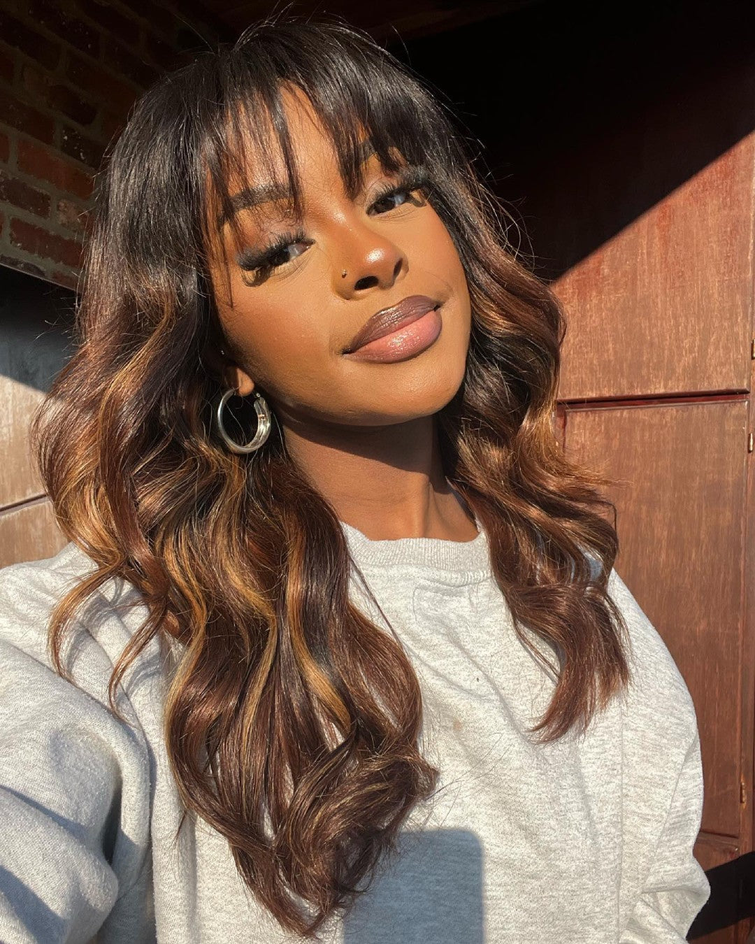 Ombre Chestnut Brown Layered Curtain Bangs 5x5 Lace Closure Body Wave Wig