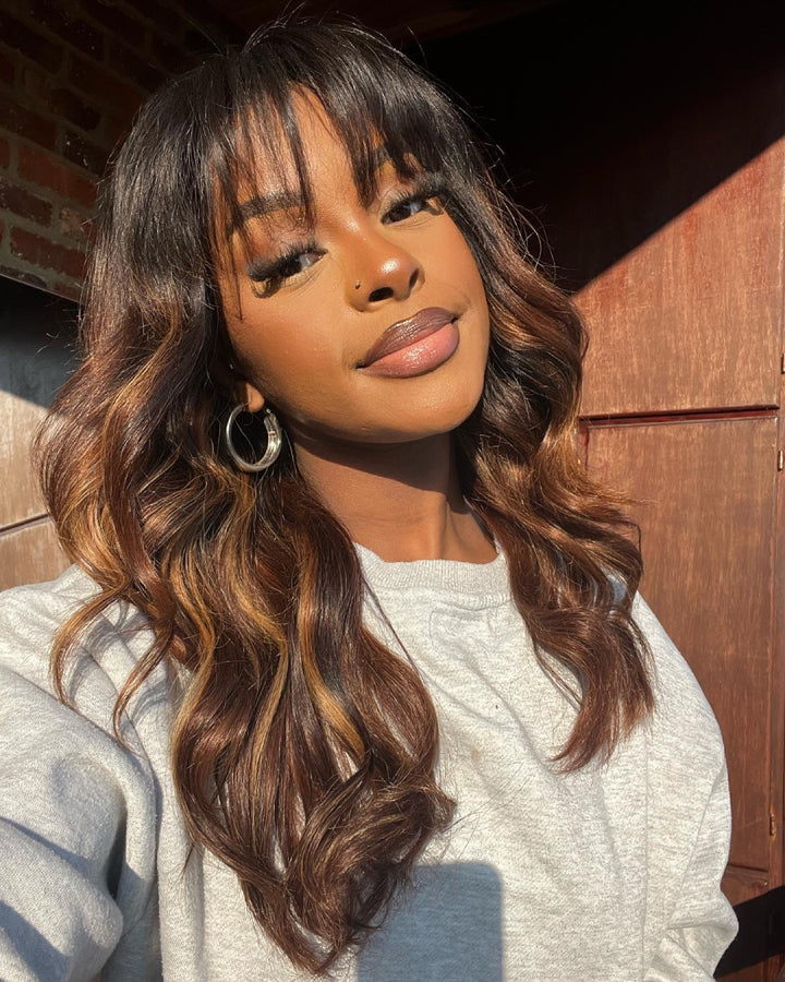 Ombre Chestnut Brown Layered Curtain Bangs 5x5 Lace Closure Body Wave Wig