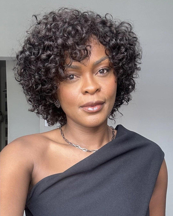 Trendy Short Cut Curly Glueless Bangs Wig 100% Human Hair