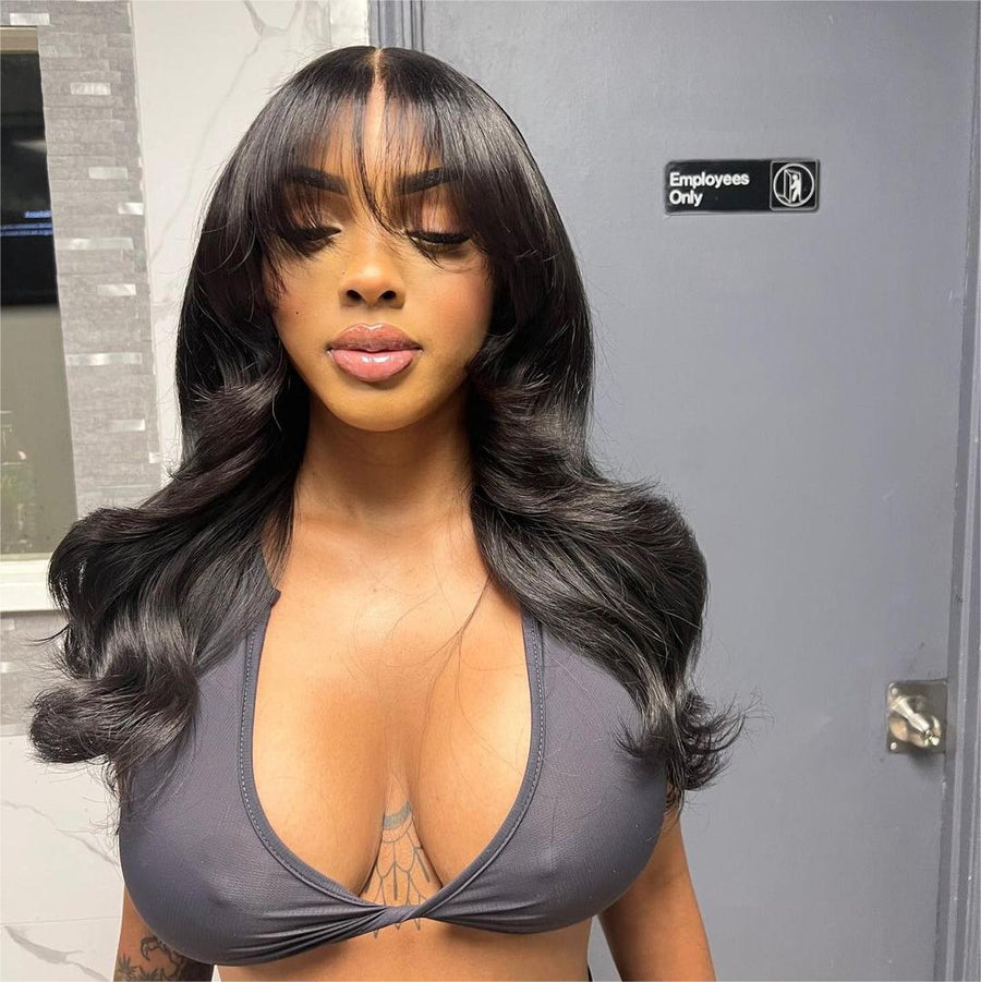 5x5 Lace Closure Body Wave Wig With Wispy Bangs