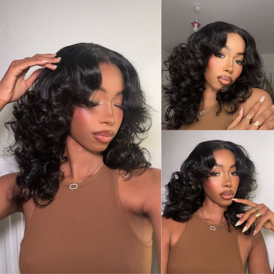 Wear & Go Layered Wavy With Curtain Bangs 4x4 Lace Closure Wig
