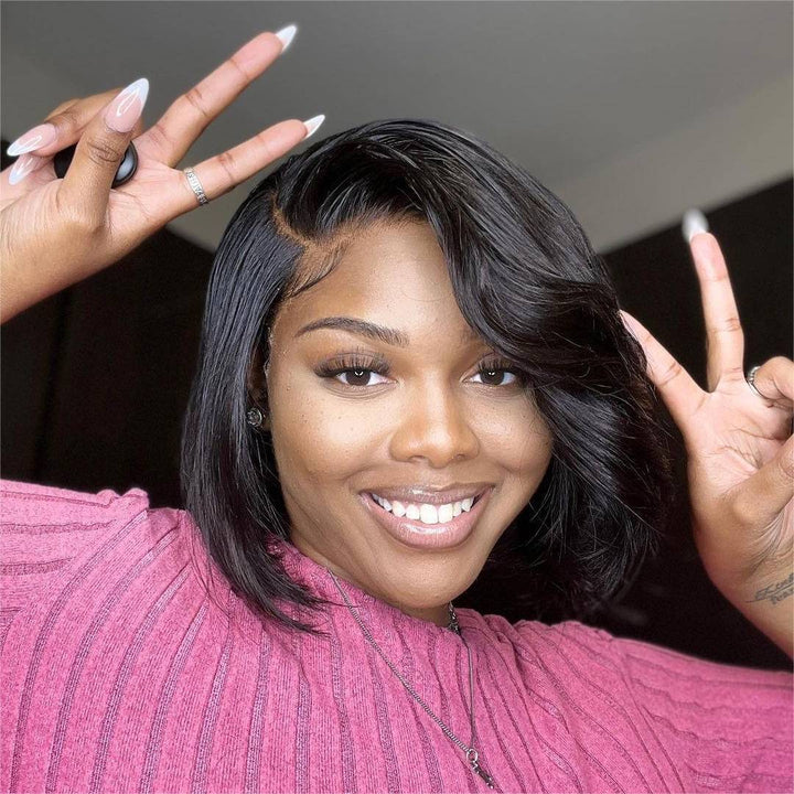 Invisible Lace Closure Side Parted Layered Bob Wig
