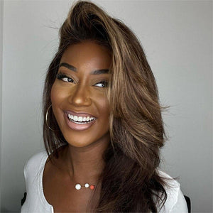 Layered Dark Brown with Blonde Highlights Wavy Lace Front Wig Human Hair