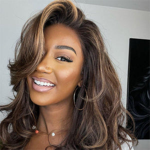 Dark Brown With Blonde Highlights Layered Wavy 13x4 Lace Front Wig