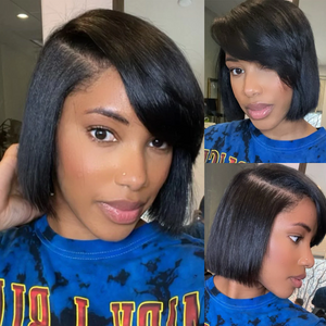 13X4 Lace Frontal Cute Side Part Short Bob Wig With Oblique Bangs