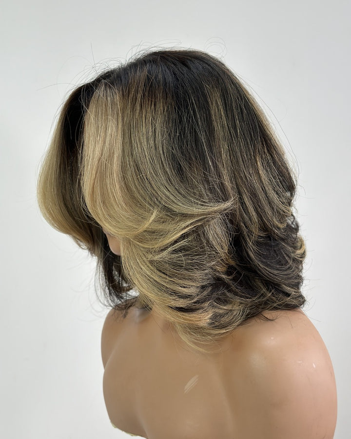 Honey Blonde Highlights Layered Bangs Lace Wig