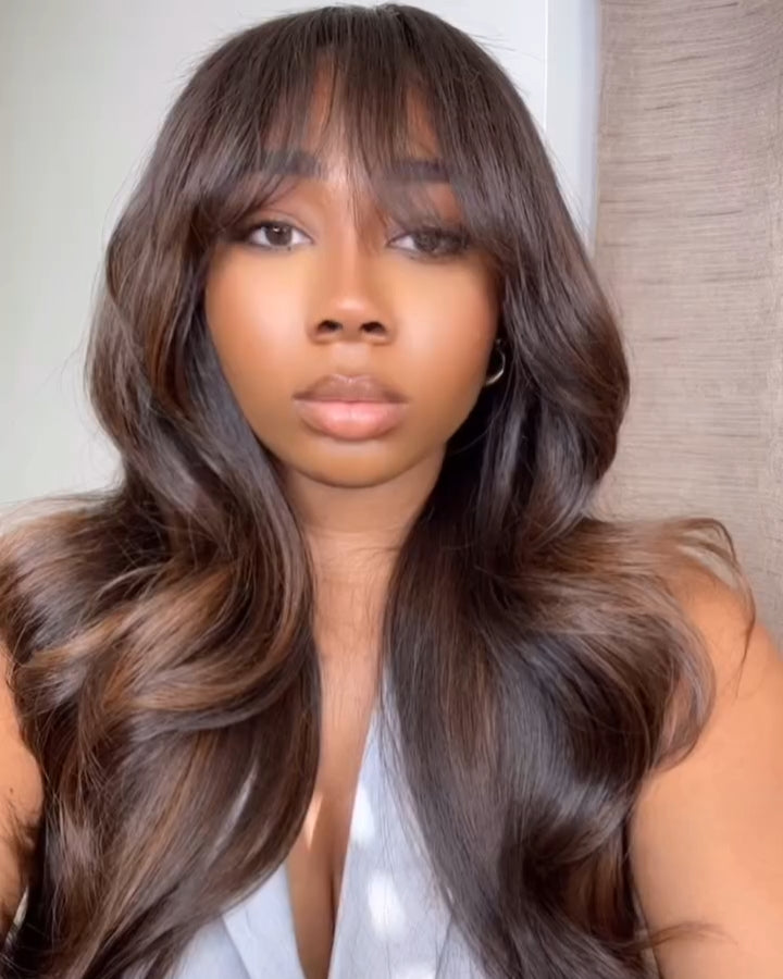 Cocoa Brown Wavy Bangs 5x5 Lace Closure Wig