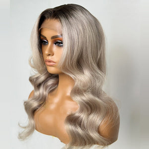 Ombre Ash Blonde Wavy Closure Wig With Dark Root 100% Human Hair