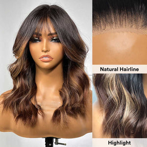 Ombre Chestnut Brown Layered Curtain Bangs 5x5 Lace Closure Body Wave Wig