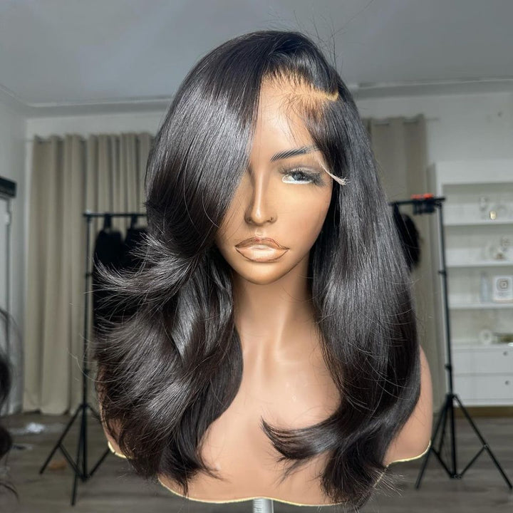 Layered Side Parted Long Bangs Lace Front Body Wave Wig