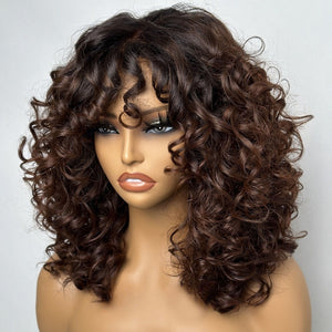 Light Brown Black Hair Root Glueless Curly Bang Wig