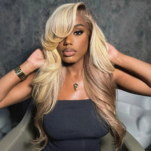 13X4 Lace Closure Fashion Bangs 613 Blond Egradient Brown Body Wave Wig