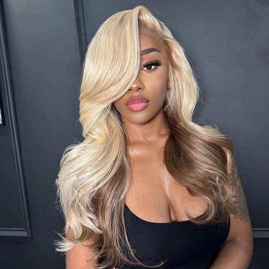 13X4 Lace Closure Fashion Bangs 613 Blond Egradient Brown Body Wave Wig