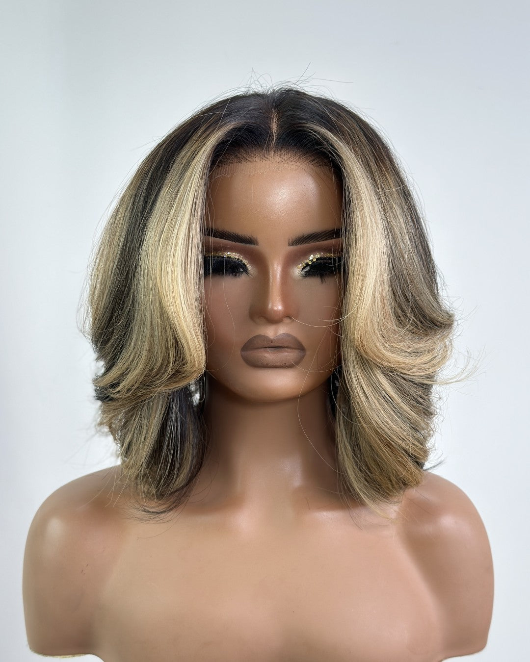 Honey Blonde Highlights Layered Bangs Lace Wig