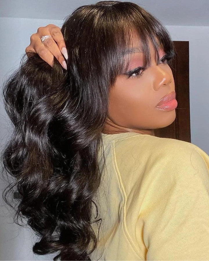 5x5 Lace Closure Body Wave Wig With Wispy Bangs