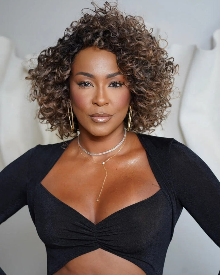 Wear & Go Glueless Brown Highlight With Dark Root Curly Bob Wig