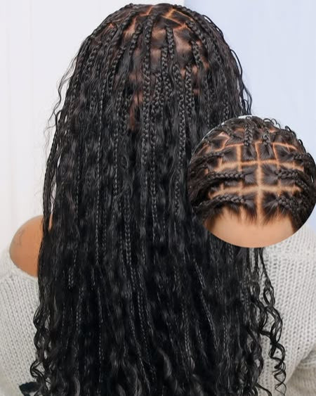 Full Lace Boho Knotless Braids Curls Synthetic Hair Wig