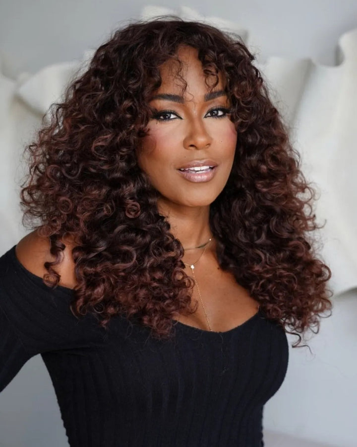 Purple Brown Curly Fluffy Bangs Wig