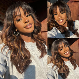 Ombre Chestnut Brown Layered Curtain Bangs 5x5 Lace Closure Body Wave Wig