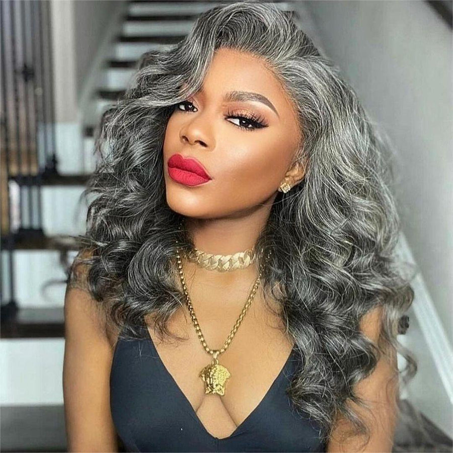 Salt And Pepper Gray Color Wavy Lace Front Wig 100% Human Hair