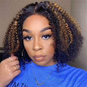 Blonde Highlight Afro Curls Glueless 5x5 Closure Lace Edges Wig