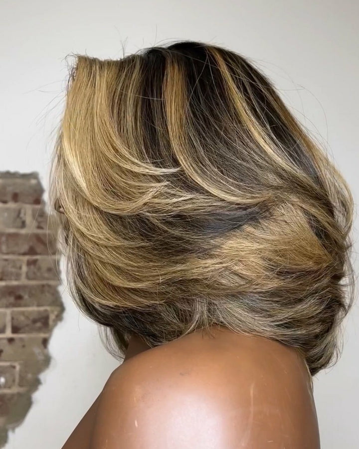 Honey Blonde Highlights Layered Bangs Lace Wig