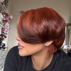 13x4 Lace Frontal Red Brown Pixie Cut Side Long Bangs Wig