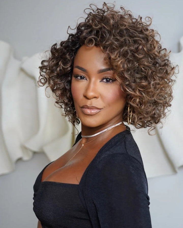 Wear & Go Glueless Brown Highlight With Dark Root Curly Bob Wig