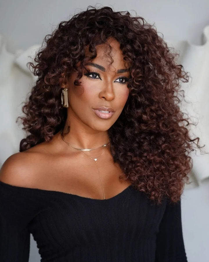 Purple Brown Curly Fluffy Bangs Wig