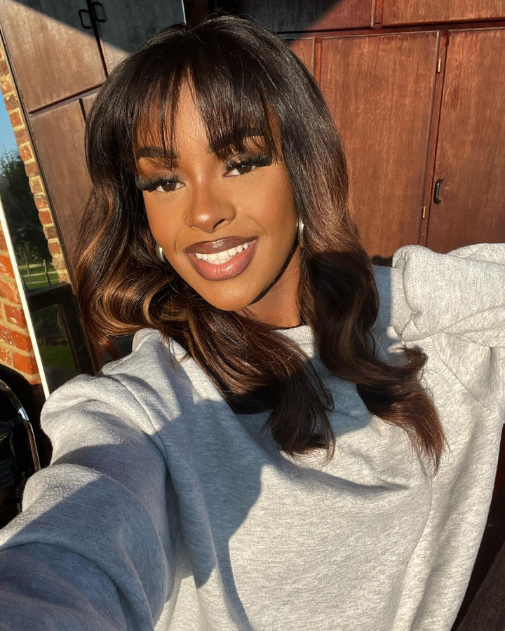 Ombre Chestnut Brown Layered Curtain Bangs 5x5 Lace Closure Body Wave Wig