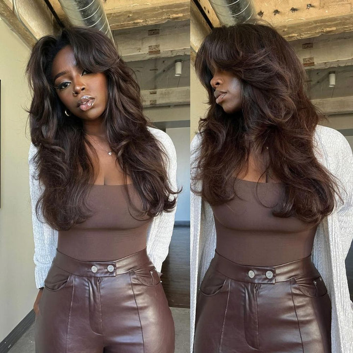 Cocoa Brown Layered Wavy With Curtain Bangs 5x5 Lace Closure Wig